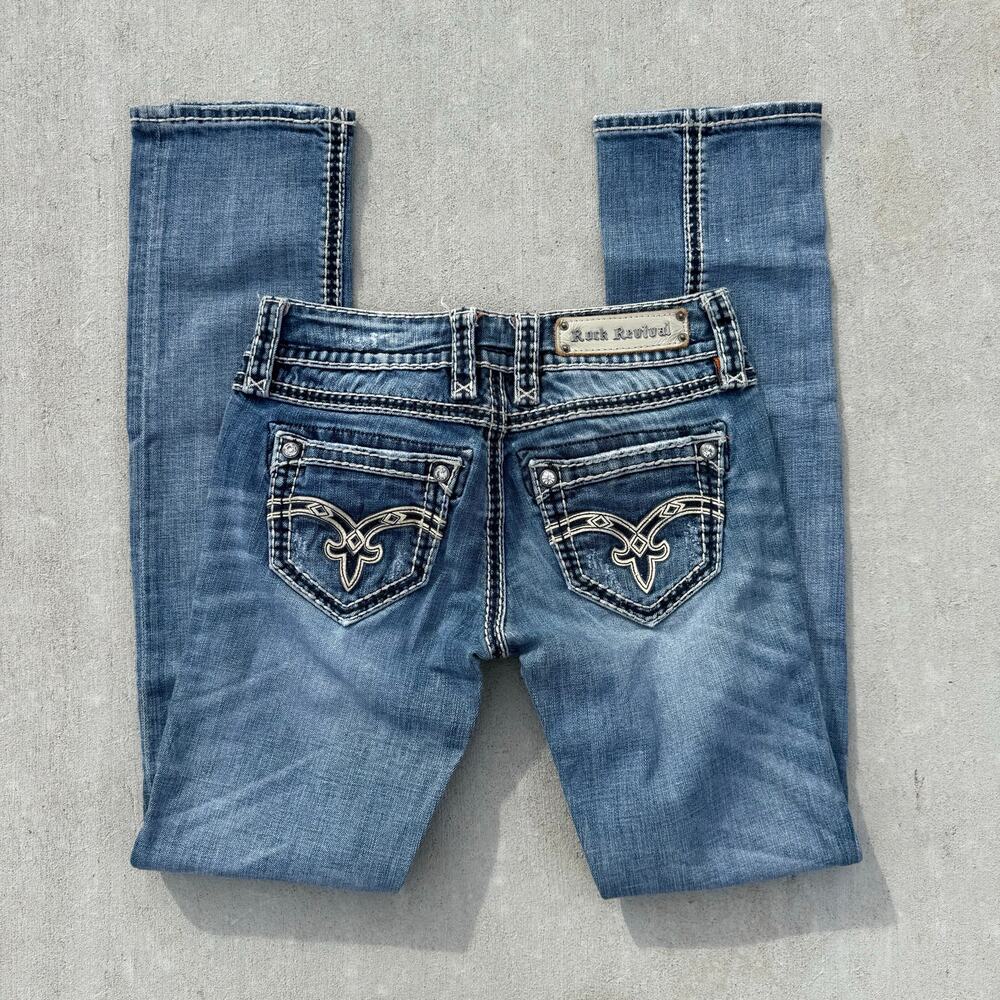 Rock Revival Denisa Straight Leg Blue Jeans Size 27x33 Embellished Embroidered